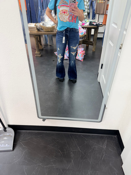 TZ929MF-MD (PETITE) - DISTRESSED MID RISE STRETCH FLARE