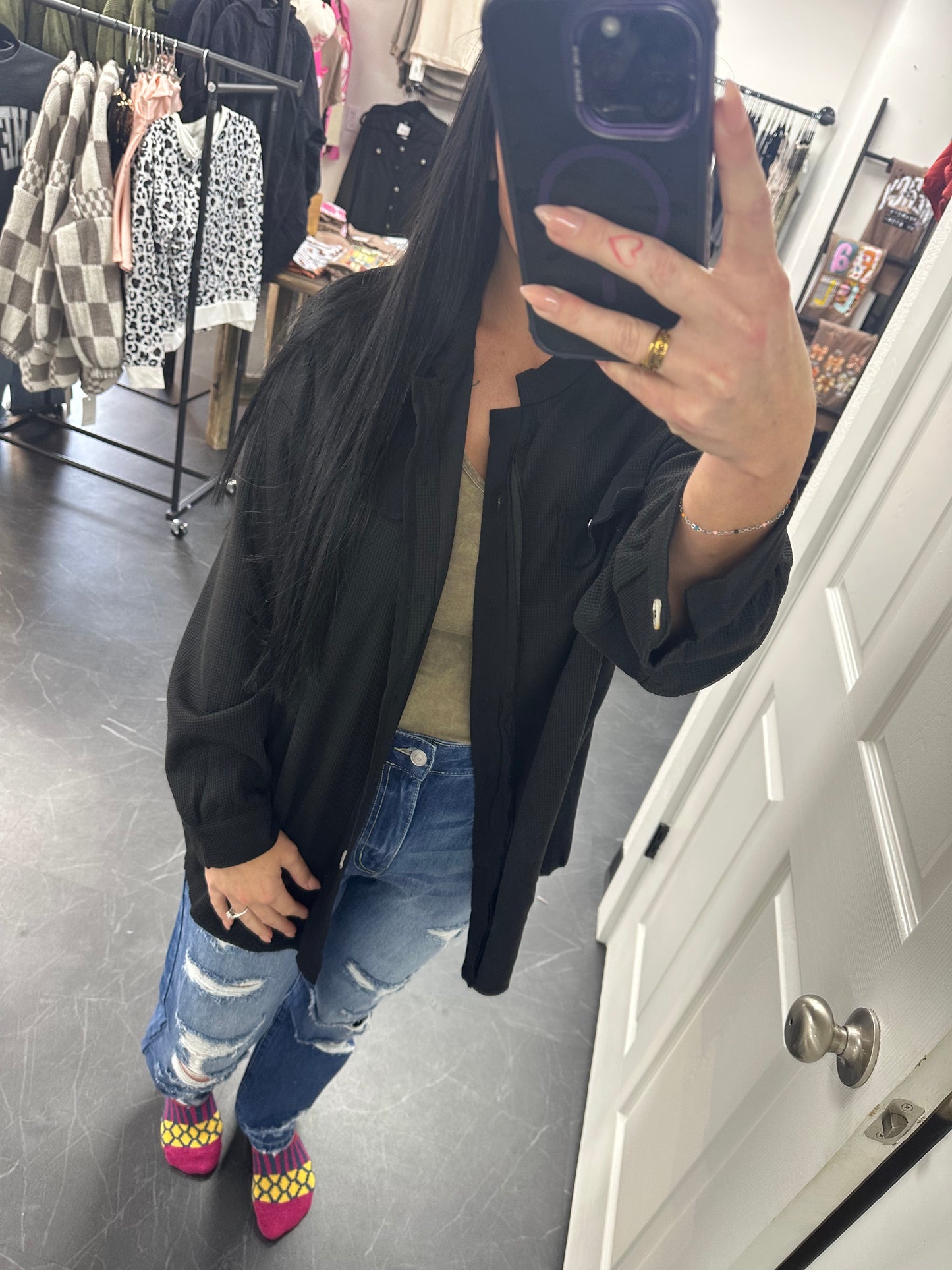 Batwing sleeve button front waffle knit  shacket