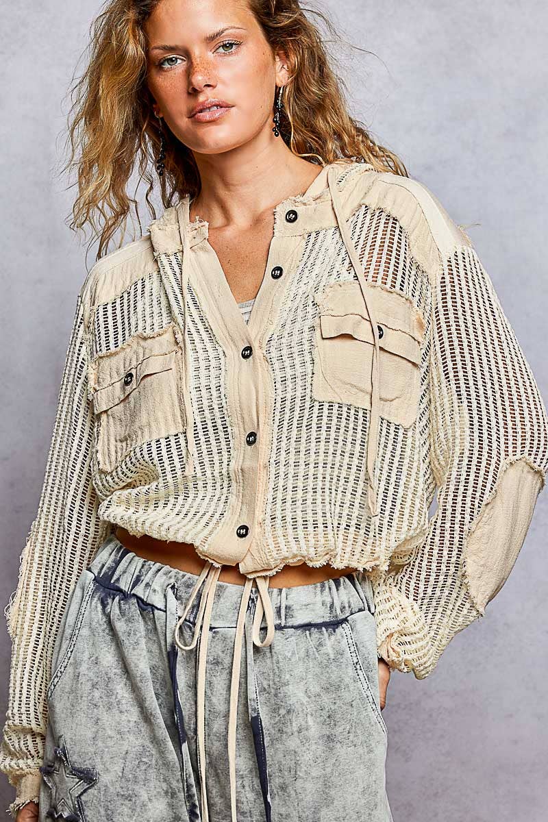Open Knit Button Down Pocket Front Hooded Shirt Top SALE