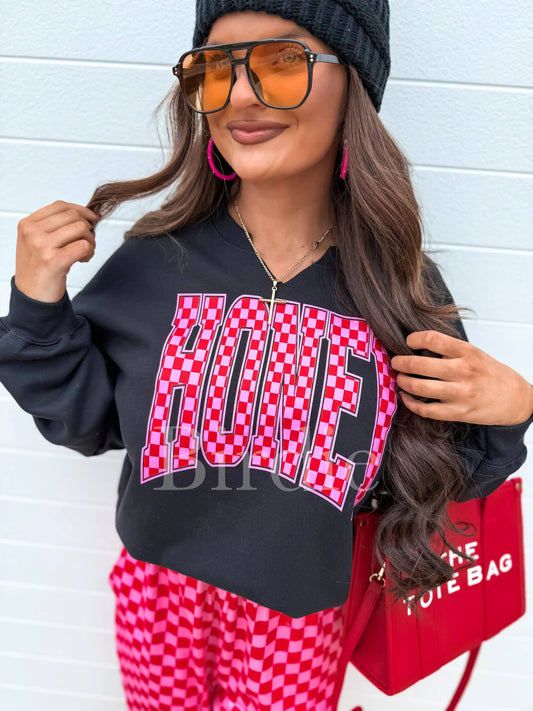 Honey Pink & Red Checkered Split Neck Graphic Crew on Black