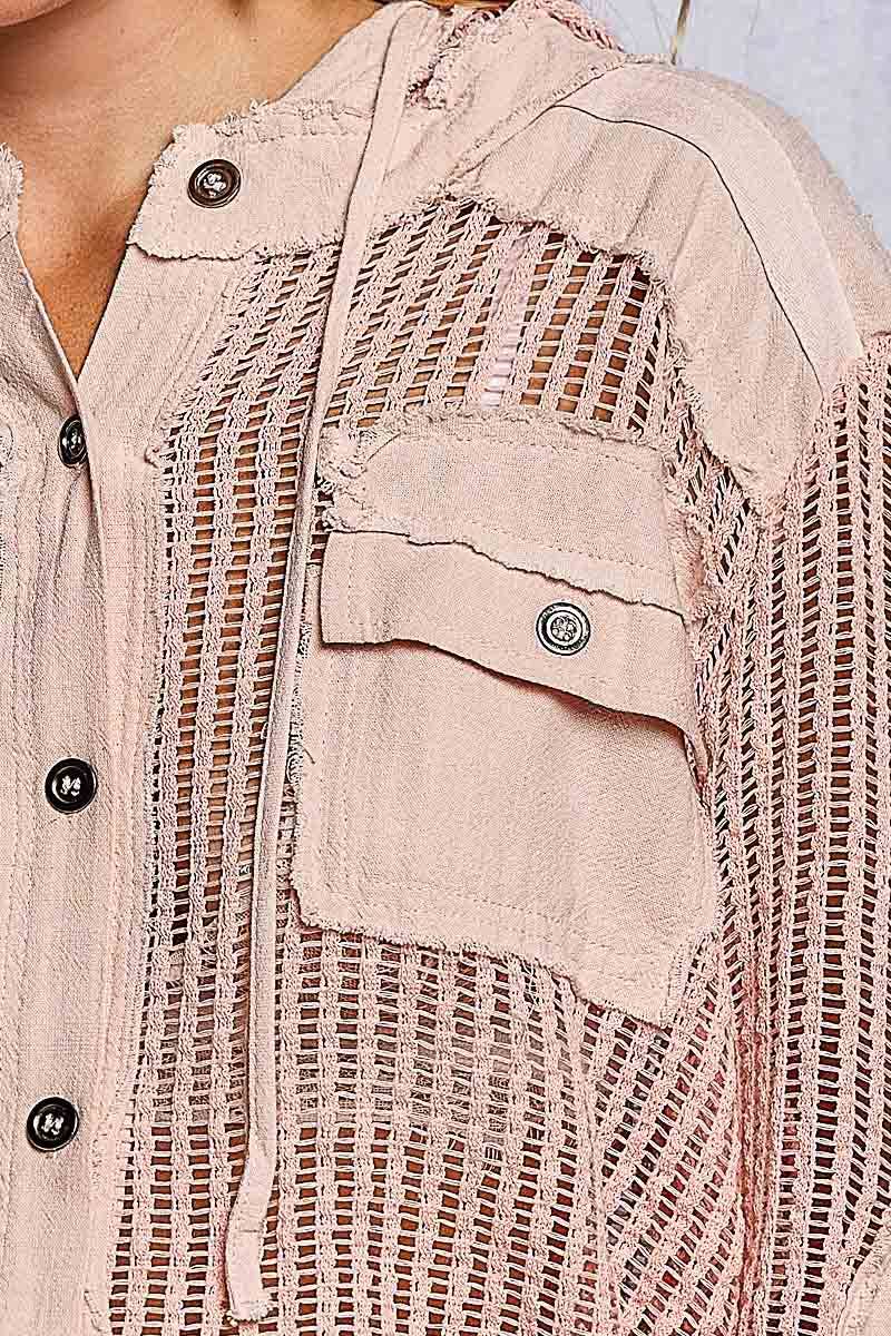 Open Knit Button Down Pocket Front Hooded Shirt Top SALE