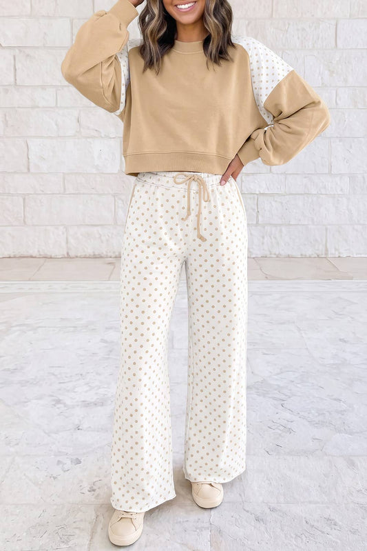 Polka Dot Patchwork Long Sleeve Casual Two Piece Set S-4X