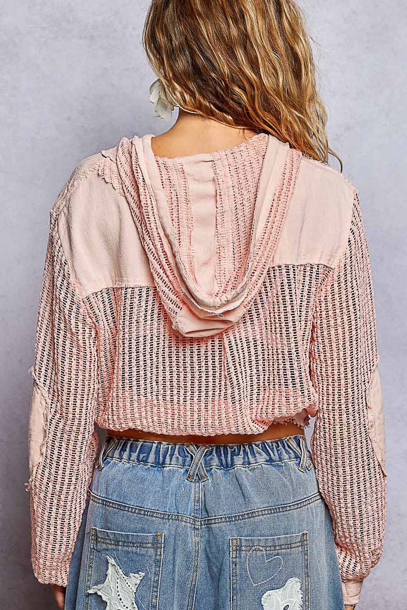 Open Knit Button Down Pocket Front Hooded Shirt Top SALE