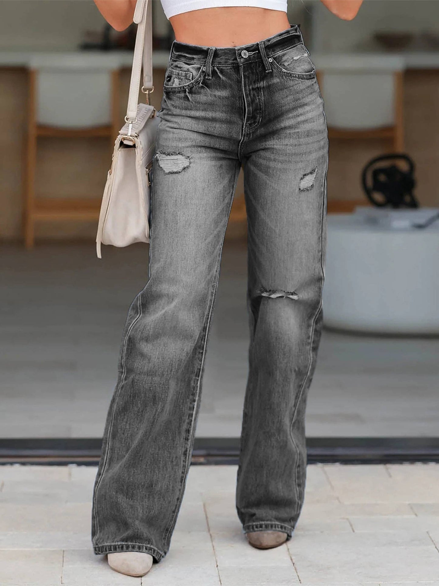 High Waisted Straight Leg Ripped Jeans