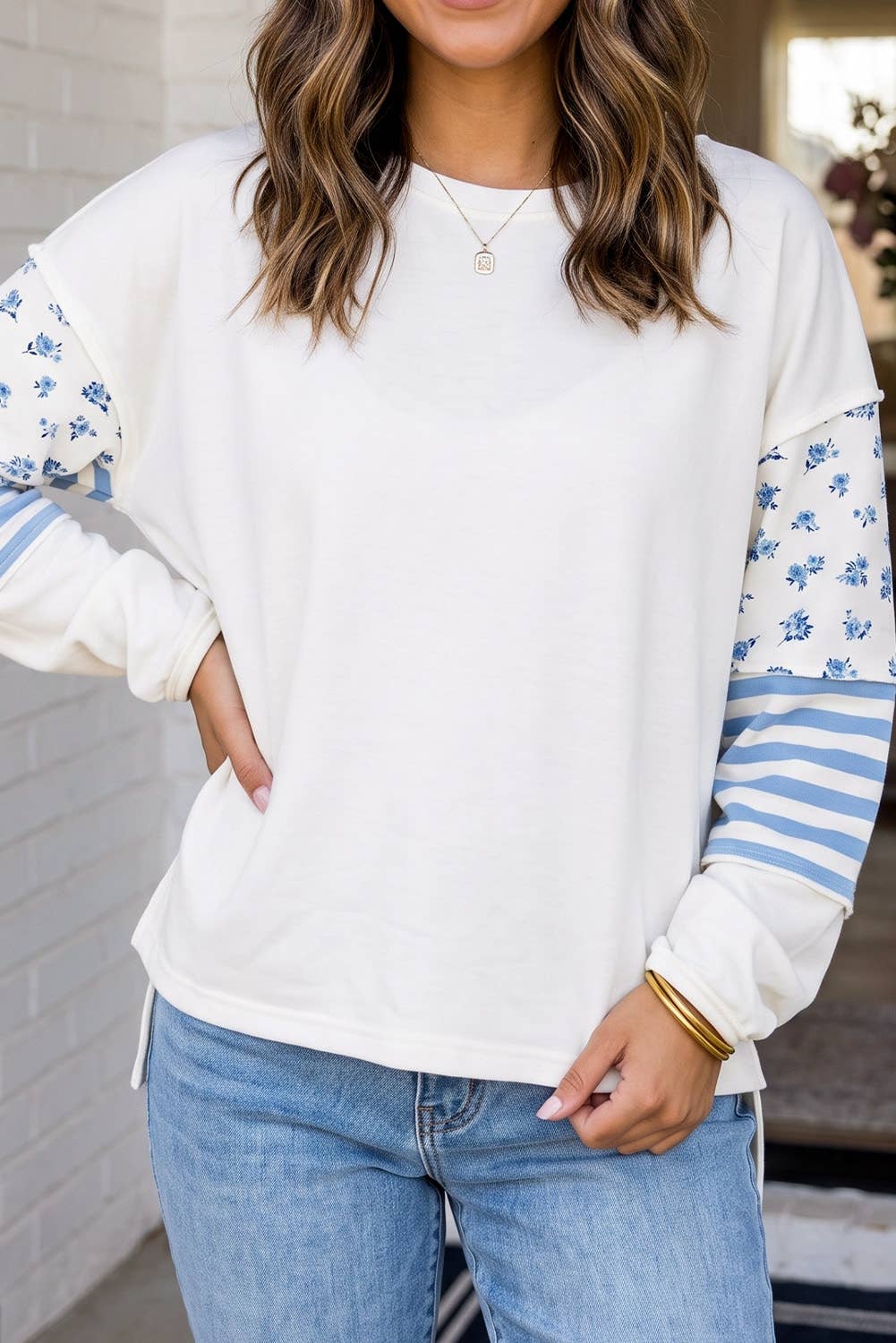 LAS Floral Striped Patchwork Casual Sweatshirt (S-XL)