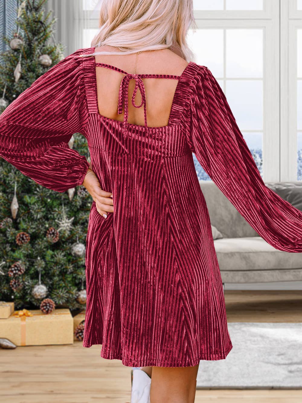 Tie Back Square Neck Velvet Babydoll Dress