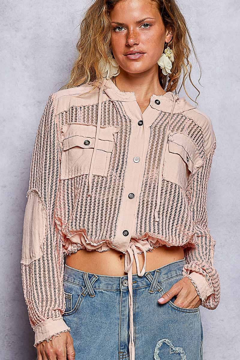 Open Knit Button Down Pocket Front Hooded Shirt Top SALE