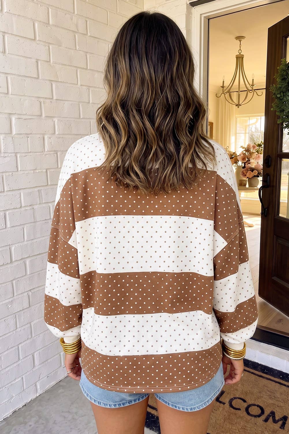 LAS Polka Dot Patchwork Colorblock Crew Neck Blouse (S-4X)