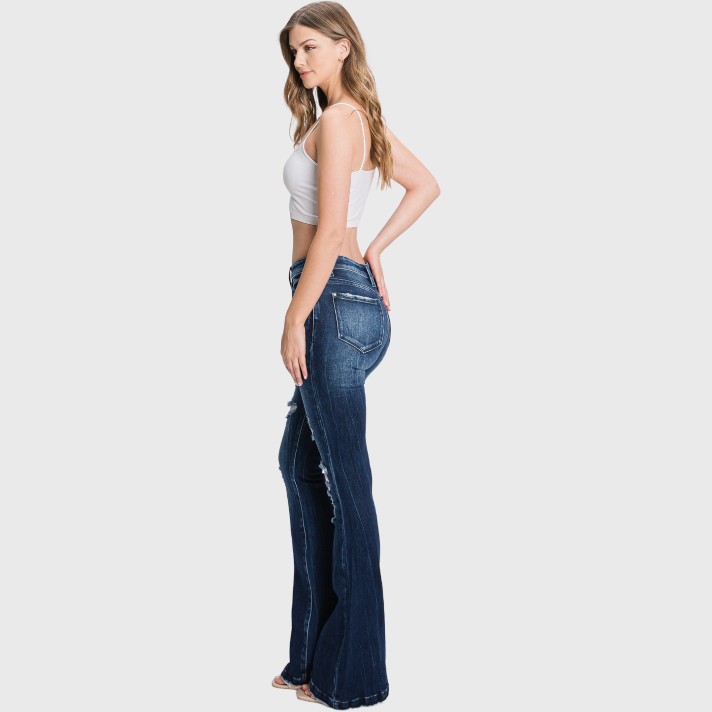 TZ929MF-MD (PETITE) - DISTRESSED MID RISE STRETCH FLARE