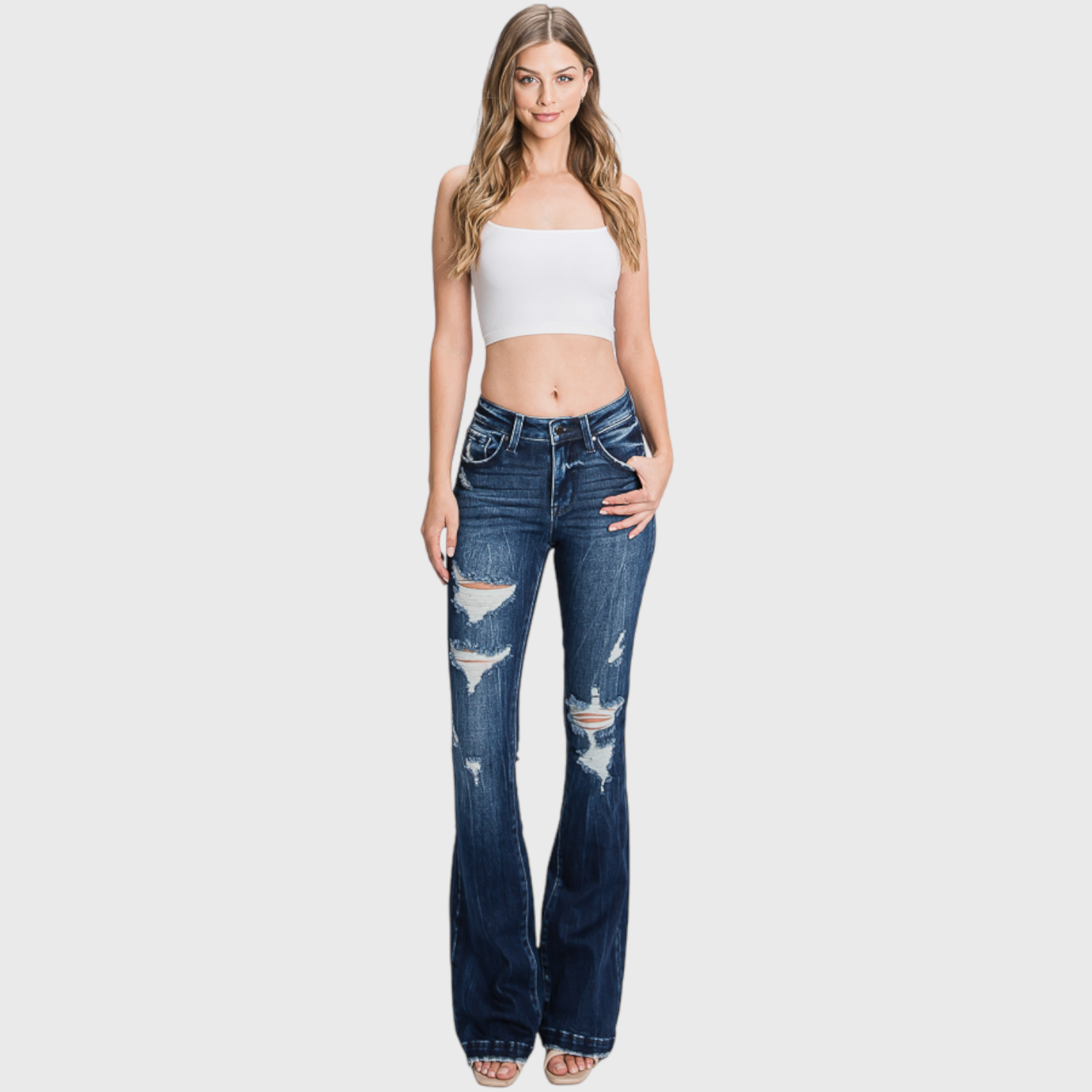 TZ929MF-MD (PETITE) - DISTRESSED MID RISE STRETCH FLARE
