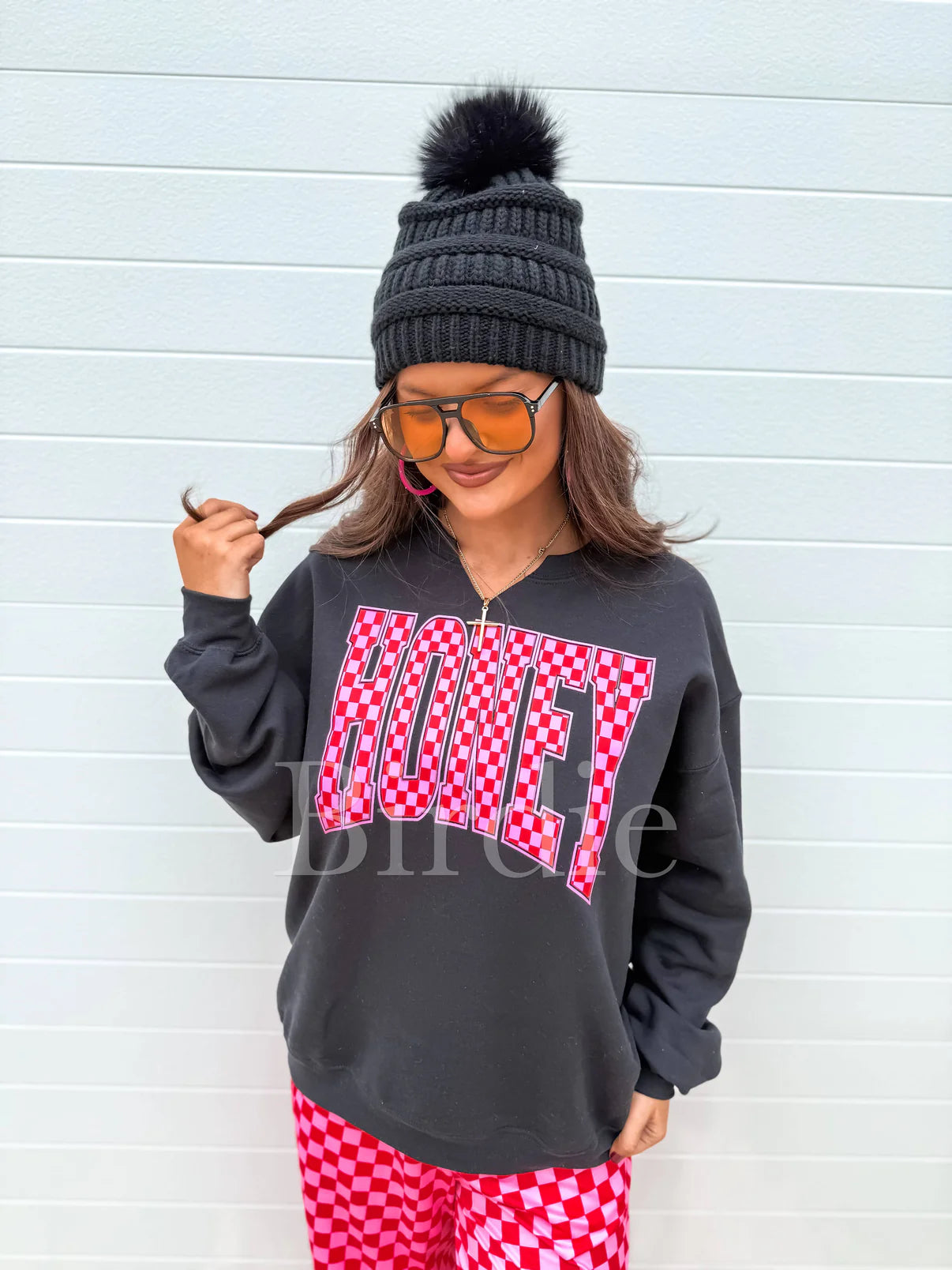 Honey Pink & Red Checkered Split Neck Graphic Crew on Black