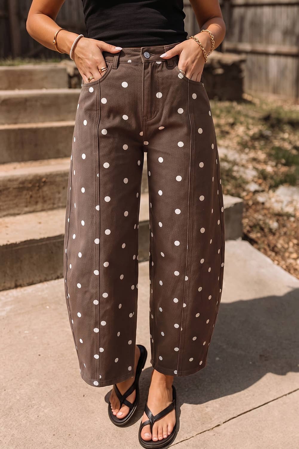 Fall 2026 Polka Dot Print Seam Detail Barrel Casual Jeans