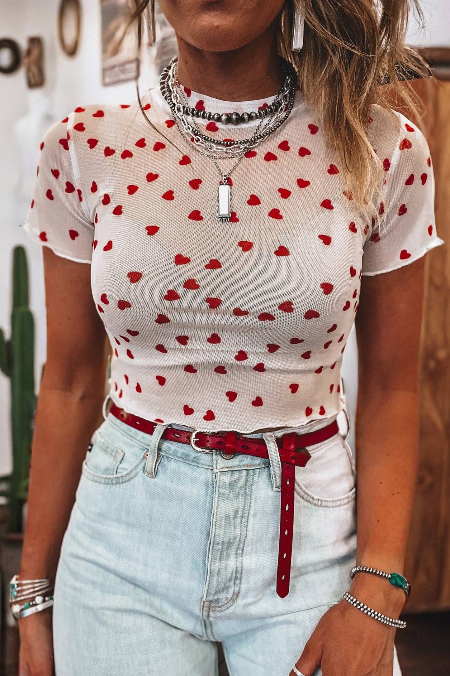 Valentine Allover Heart Print Mesh Short Sleeve Top