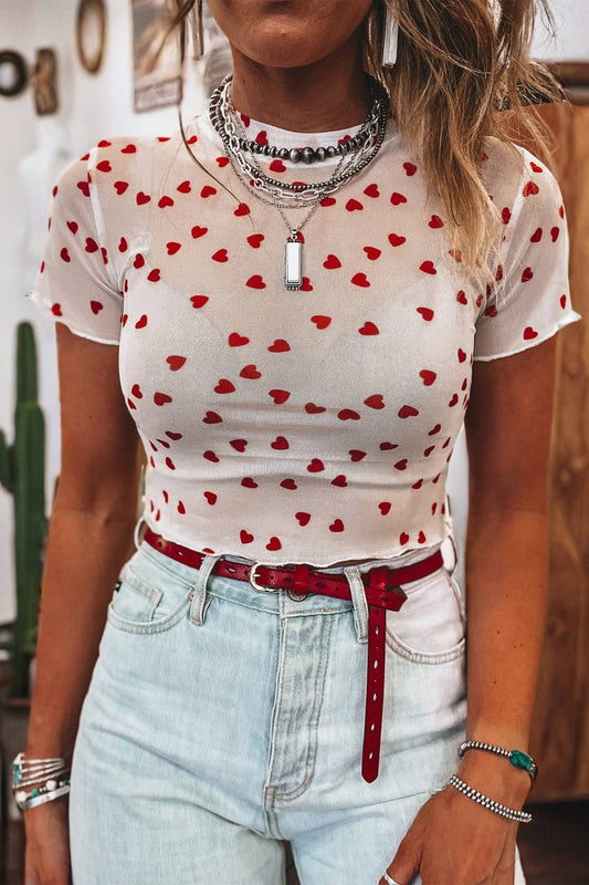 Valentine Allover Heart Print Mesh Short Sleeve Top