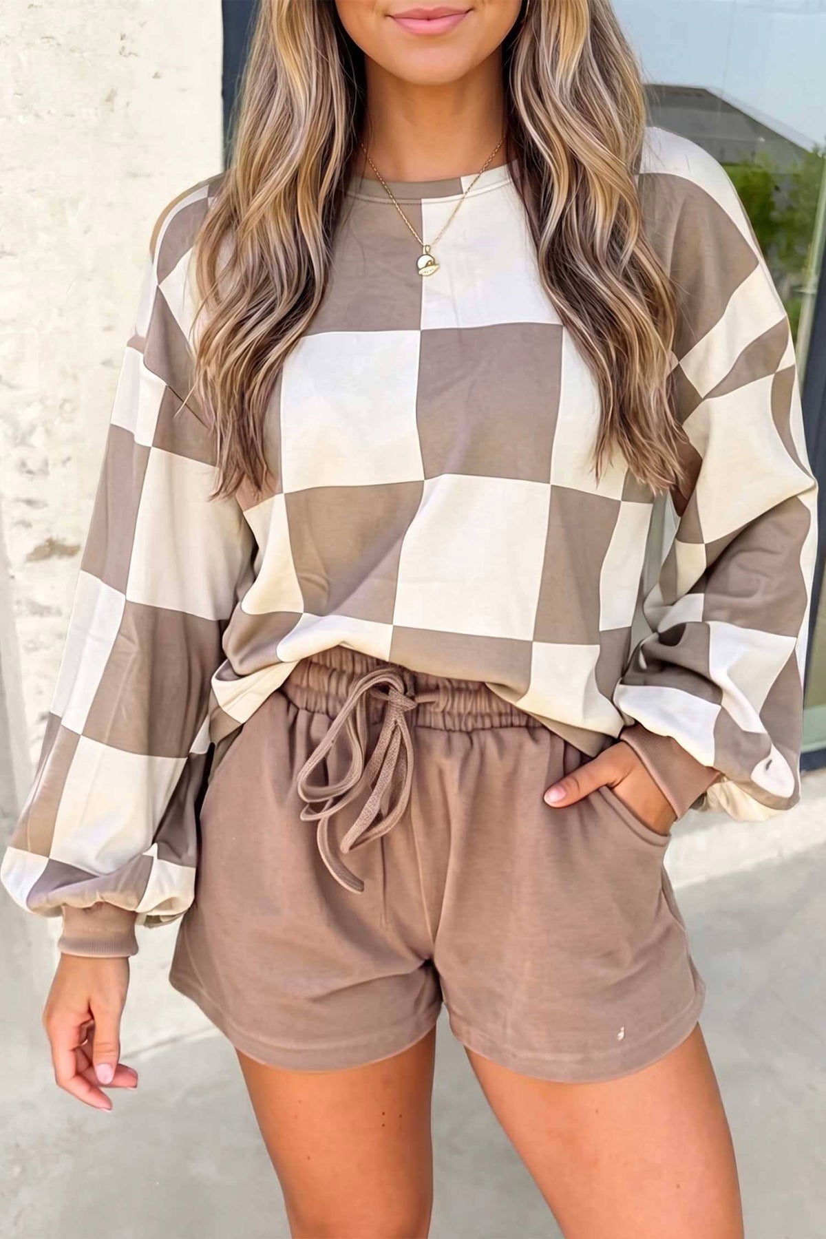 Plaid Print Long Sleeve Shorts Set